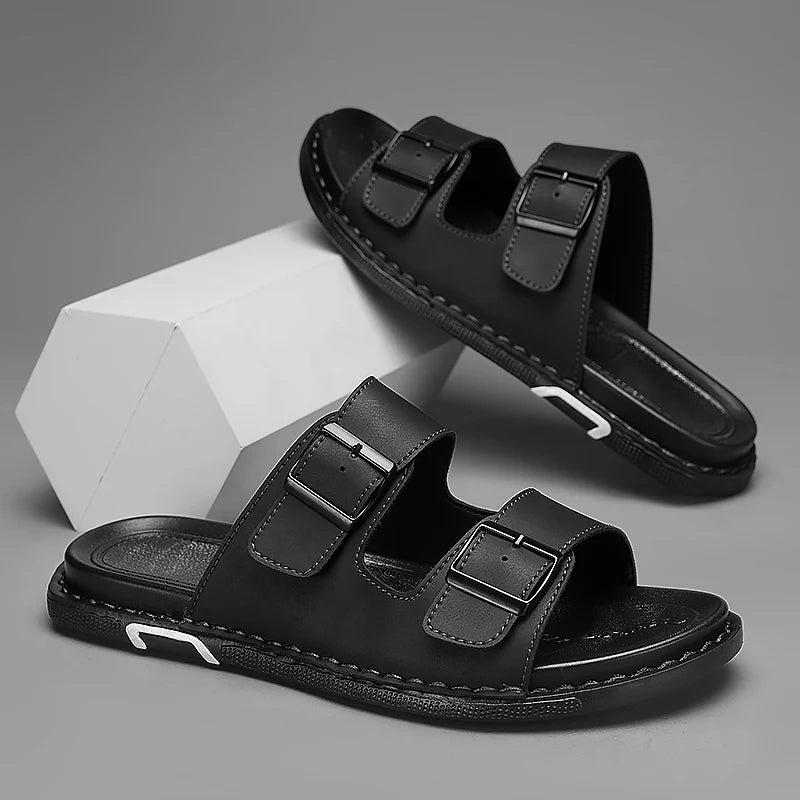 Men’s Leather Sandals with Adjustable Double Buckle – Classic and Comfortable