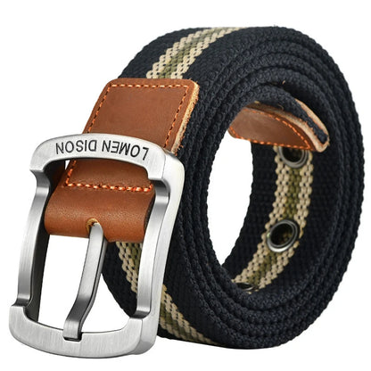 Men’s Woven Fabric Belt with Leather Trim and Metal Buckle – Adjustable and Durable