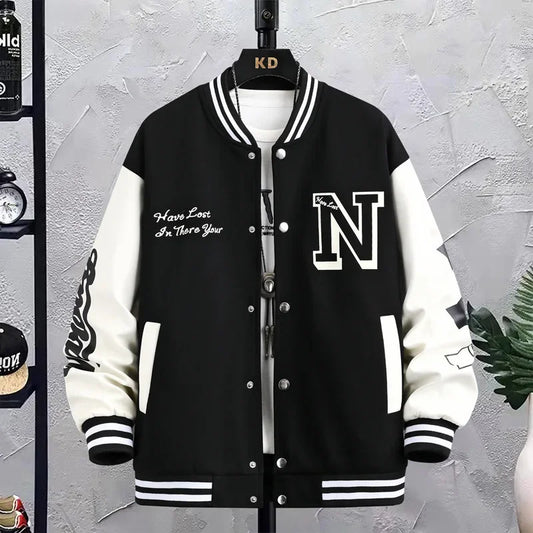 Men’s Varsity College Jacket with Embroidered Details and Snap Button Closure