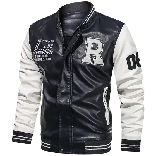 Men’s “R Varsity” Leather-Style College Jacket with Contrast Sleeves