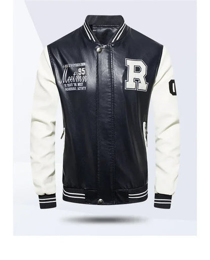 Men’s “R Varsity” Leather-Style College Jacket with Contrast Sleeves