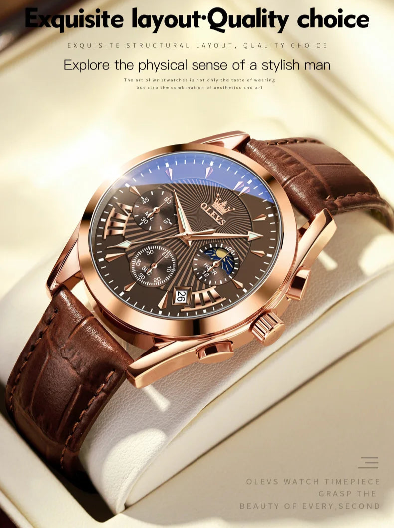 Men’s Luxury Chronograph Watch with Moon Phase and Leather Strap