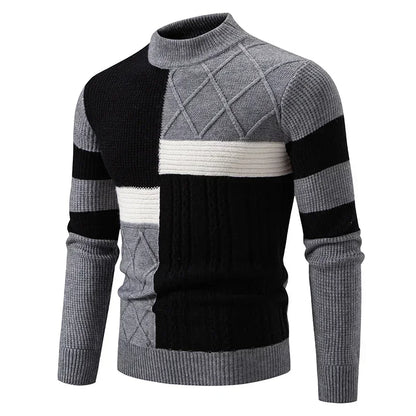 Men’s Slim Fit Patchwork Knit Sweater – Modern Textures for Smart Casual Looks