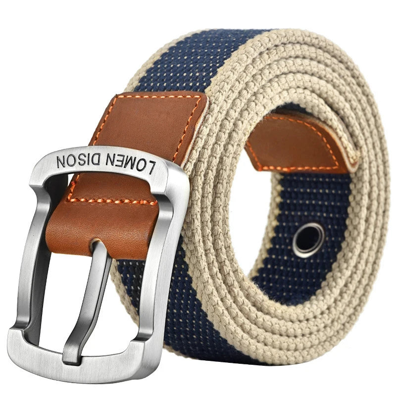 Men’s Woven Fabric Belt with Leather Trim and Metal Buckle – Adjustable and Durable