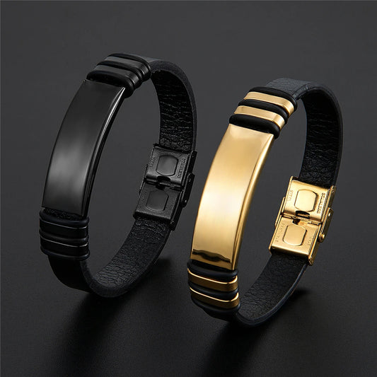 Men’s Leather Bracelet with Stainless Steel Plate – Minimalist