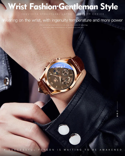 Men’s Luxury Chronograph Watch with Moon Phase and Leather Strap