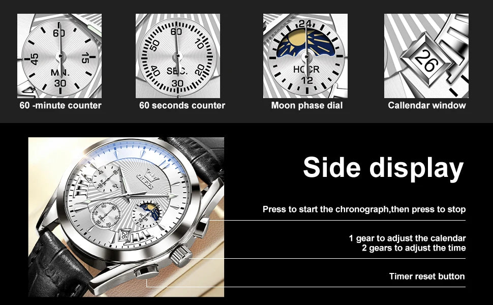 Men’s Luxury Chronograph Watch with Moon Phase and Leather Strap