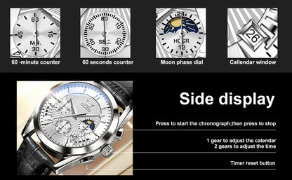 Men’s Luxury Chronograph Watch with Moon Phase and Leather Strap