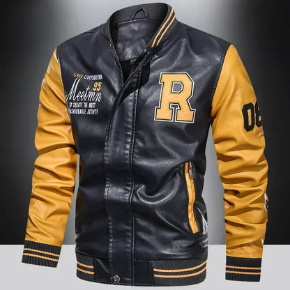 Men’s “R Varsity” Leather-Style College Jacket with Contrast Sleeves