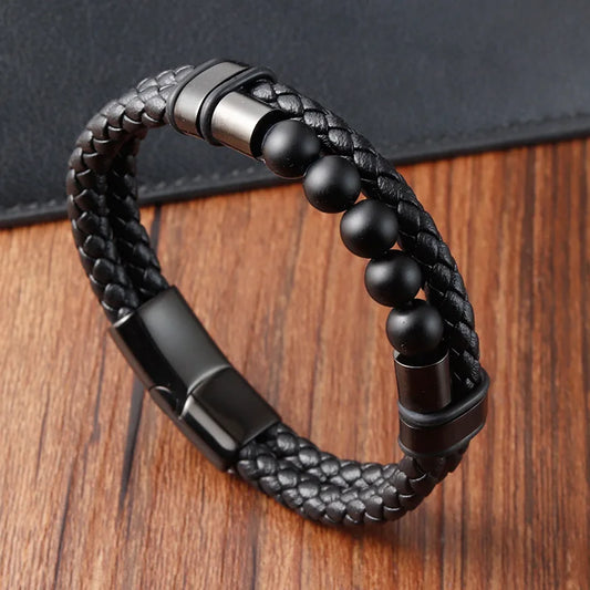 Men’s Braided Leather Bracelet with Bead Detail