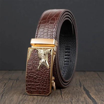 Men’s Automatic Buckle Leather Belt with Crocodile Texture – Elegant and Adjustable