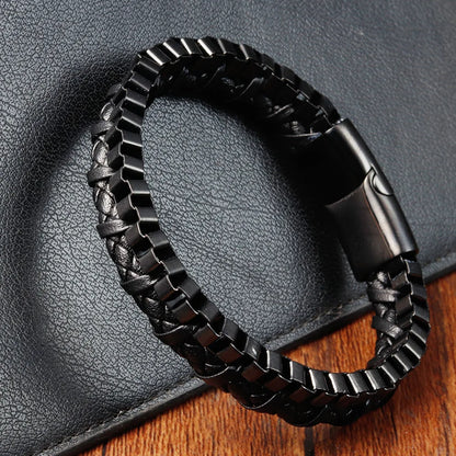 Black Genuine Leather Stainless Steel Bracelet, Handmade Double Chain Bracelet