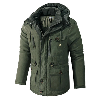 Men’s Quilted Jacket with Hood and Multiple Functional Pockets