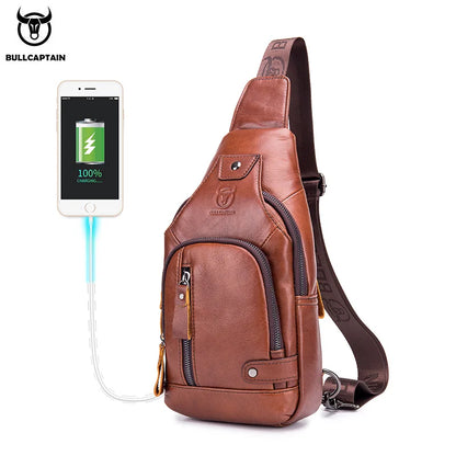 Bullcaptain Men’s Leather Sling Bag – USB Charging Crossbody Chest Pack for Travel, Work & Casual Use