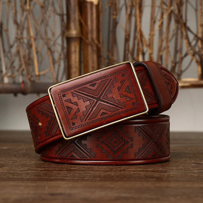 Men’s Leather Belt with Engraved Buckle – Rustic Style