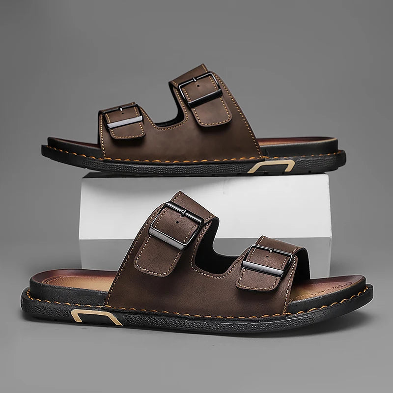 Men’s Leather Sandals with Adjustable Double Buckle – Classic and Comfortable