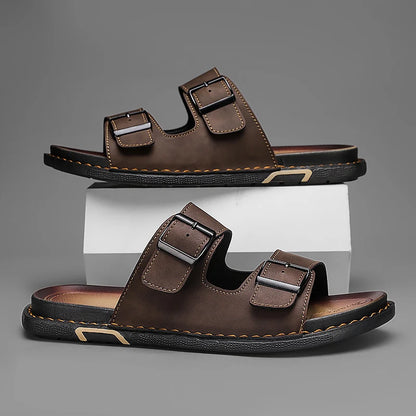 Men’s Leather Sandals with Adjustable Double Buckle – Classic and Comfortable