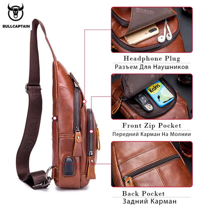Bullcaptain Men’s Leather Sling Bag – USB Charging Crossbody Chest Pack for Travel, Work & Casual Use