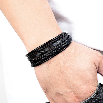 Men’s Triple Braided Leather Bracelet with Magnetic Clasp
