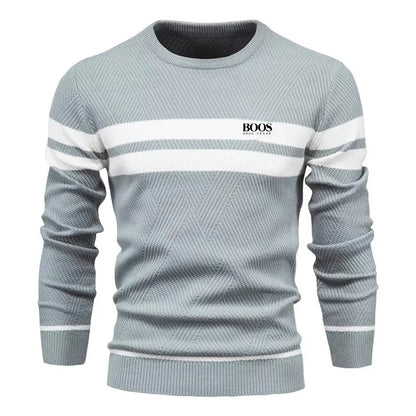 Men’s Slim Fit Knit Sweater – Warm Patchwork Pullover with Crew Neck & Long Sleeves