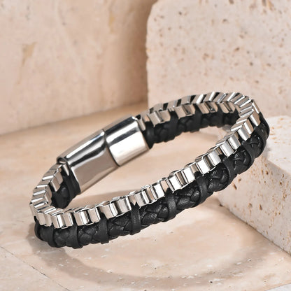 Black Genuine Leather Stainless Steel Bracelet, Handmade Double Chain Bracelet