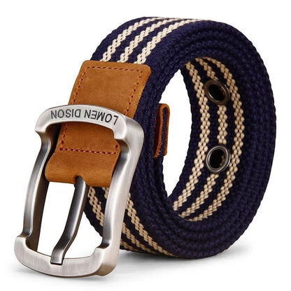 Men’s Woven Fabric Belt with Leather Trim and Metal Buckle – Adjustable and Durable