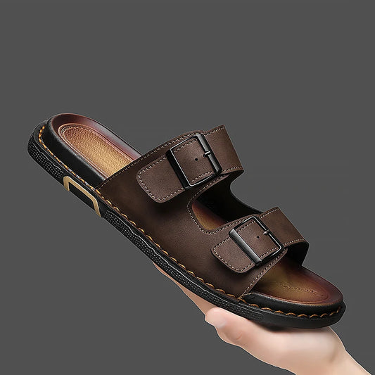 Men’s Leather Sandals with Adjustable Double Buckle – Classic and Comfortable