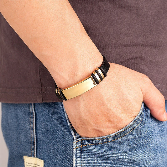 Men’s Leather Bracelet with Stainless Steel Plate – Minimalist
