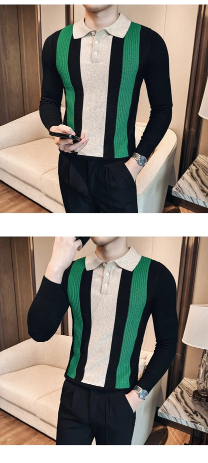 Men’s Retro-Style Long Sleeve Polo with Slim Fit