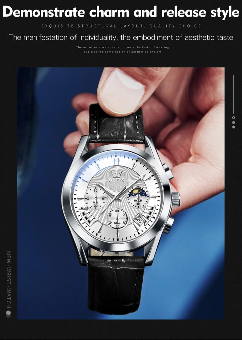 Men’s Luxury Chronograph Watch with Moon Phase and Leather Strap