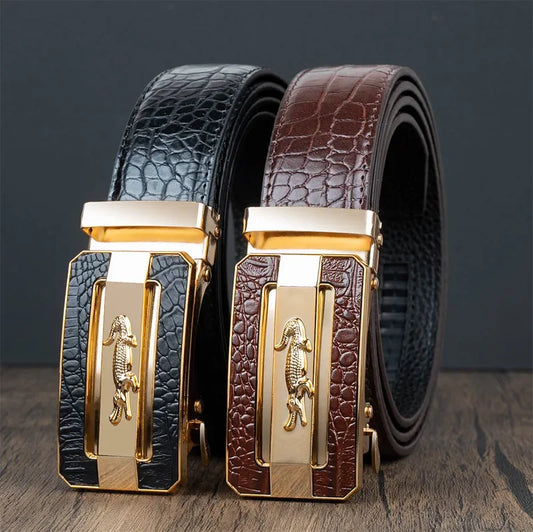 Men’s Automatic Buckle Leather Belt with Crocodile Texture – Elegant and Adjustable