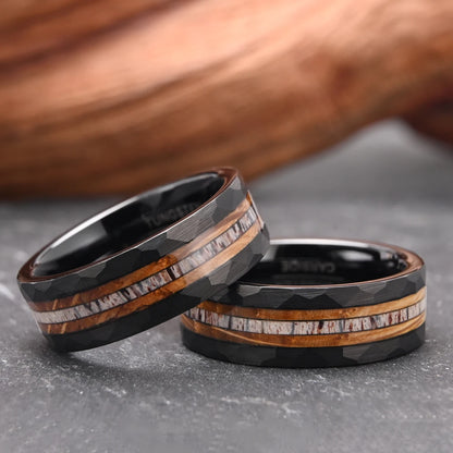 8mm Black Tungsten Carbide Men's Ring Barrelwood and Antler Inlay Men's