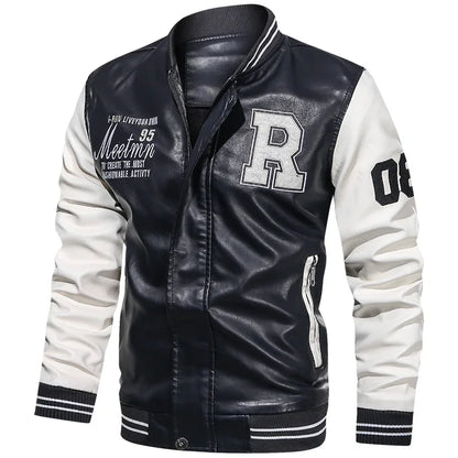 Men’s “R Varsity” Leather-Style College Jacket with Contrast Sleeves