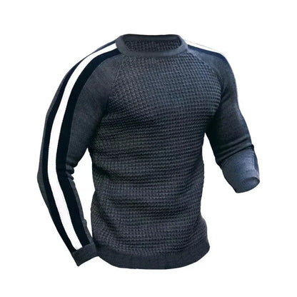 Men’s Athletic Ribbed Knit Sweater with Striped Sleeves – Sleek Casualwear with a Sporty Edge