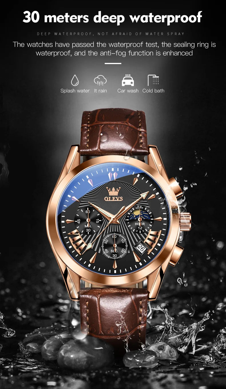 Men’s Luxury Chronograph Watch with Moon Phase and Leather Strap
