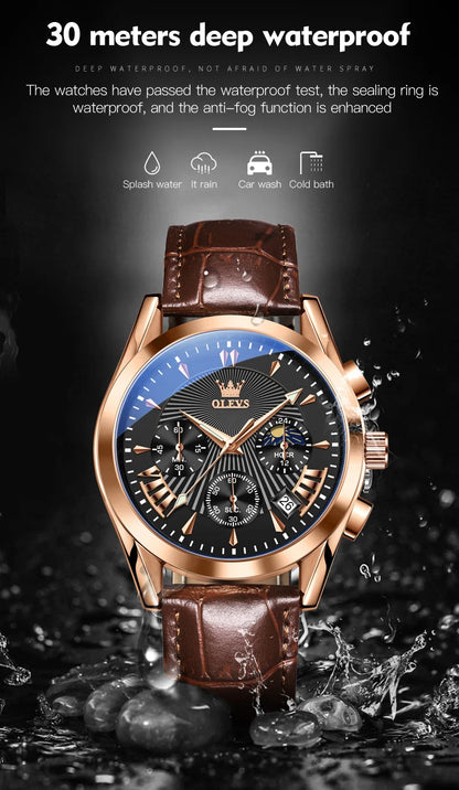 Men’s Luxury Chronograph Watch with Moon Phase and Leather Strap