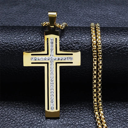 Colorful Gemstone Cross Pendant – Stainless Steel Necklace