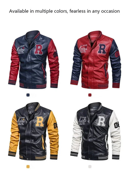 Men’s “R Varsity” Leather-Style College Jacket with Contrast Sleeves