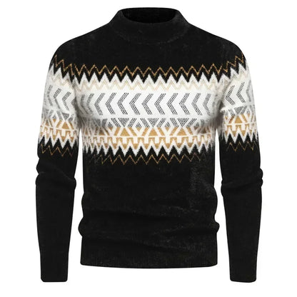 Men’s Crew Neck Patterned Knit Sweater – Minimalist Style with Geometric Detailing