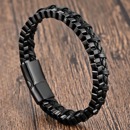 Black Genuine Leather Stainless Steel Bracelet, Handmade Double Chain Bracelet