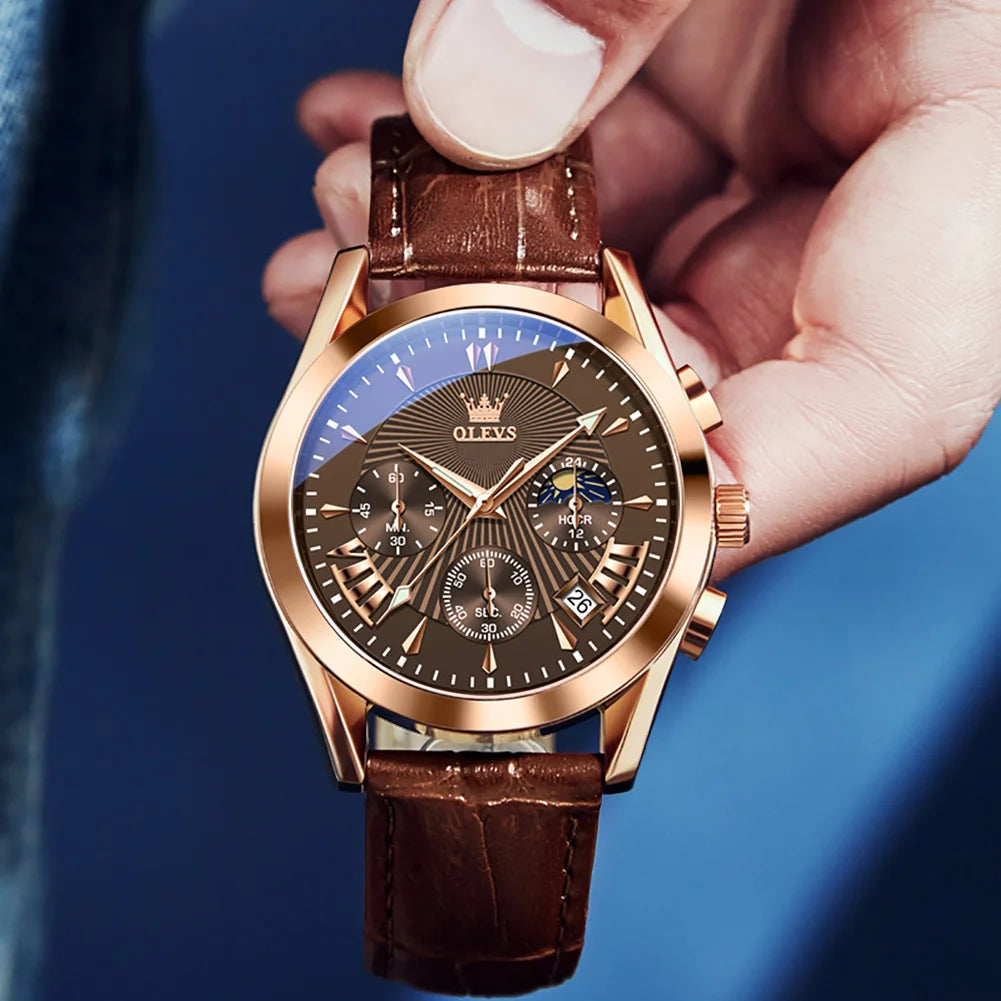 Men’s Luxury Chronograph Watch with Moon Phase and Leather Strap