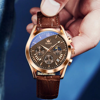 Men’s Luxury Chronograph Watch with Moon Phase and Leather Strap