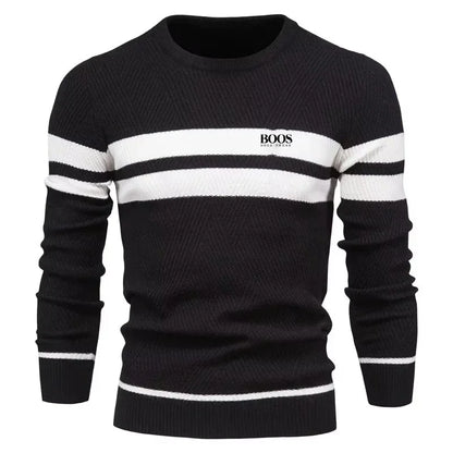 Men’s Slim Fit Knit Sweater – Warm Patchwork Pullover with Crew Neck & Long Sleeves