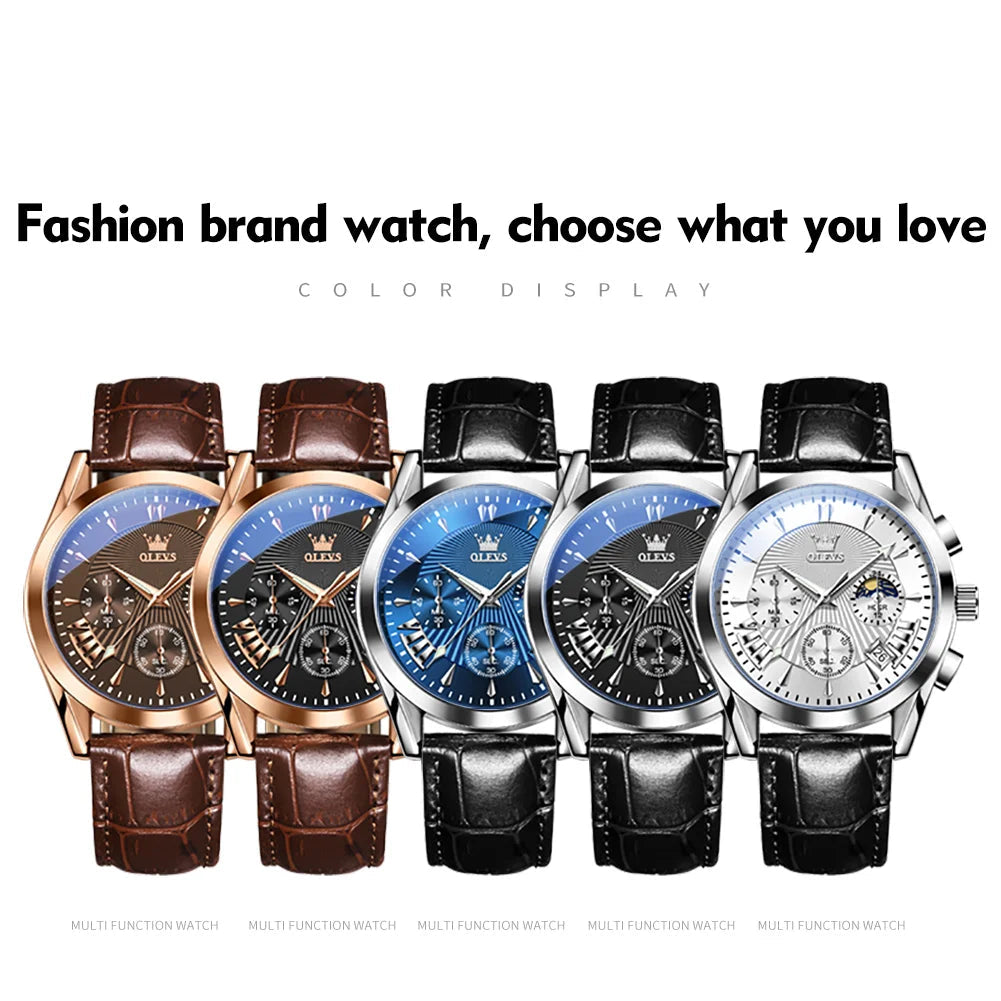 Men’s Luxury Chronograph Watch with Moon Phase and Leather Strap