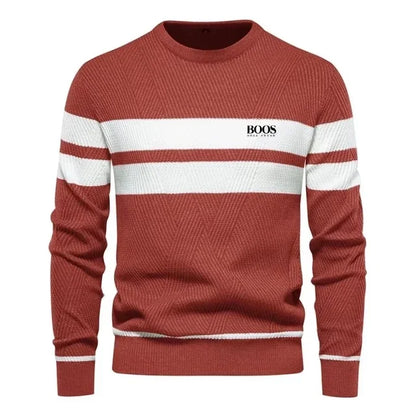 Men’s Slim Fit Knit Sweater – Warm Patchwork Pullover with Crew Neck & Long Sleeves