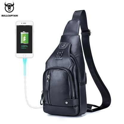 Bullcaptain Men’s Leather Sling Bag – USB Charging Crossbody Chest Pack for Travel, Work & Casual Use
