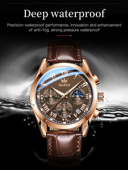 Luxury Men’s Watch with Calendar and Moon Phase Display