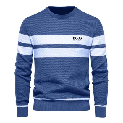 Men’s Slim Fit Knit Sweater – Warm Patchwork Pullover with Crew Neck & Long Sleeves