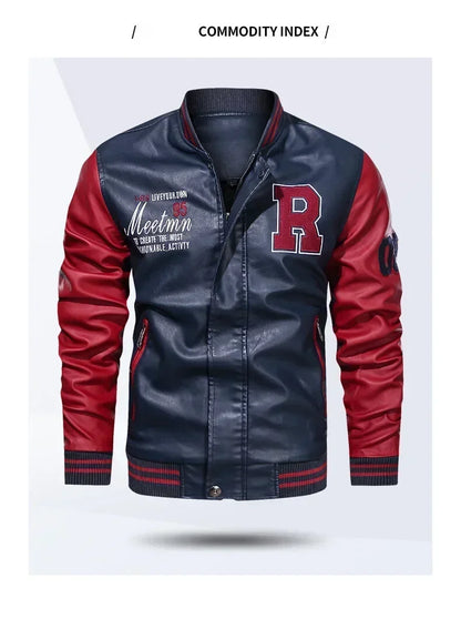 Men’s “R Varsity” Leather-Style College Jacket with Contrast Sleeves