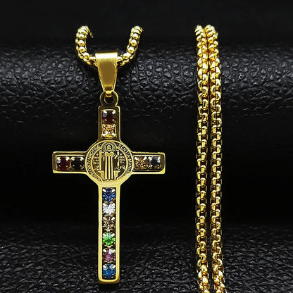 Colorful Gemstone Cross Pendant – Stainless Steel Necklace